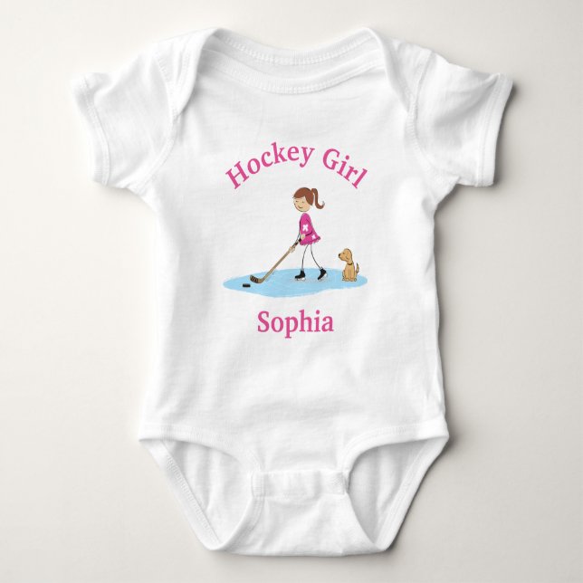 Personalized Cartoon Hockey Girl Pink Baby Bodysuit (Front)