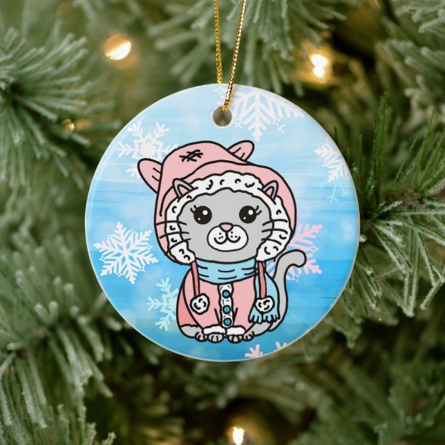 Personalized Cartoon Kitty Cat in Winter Hat    Ceramic Ornament (Tree)
