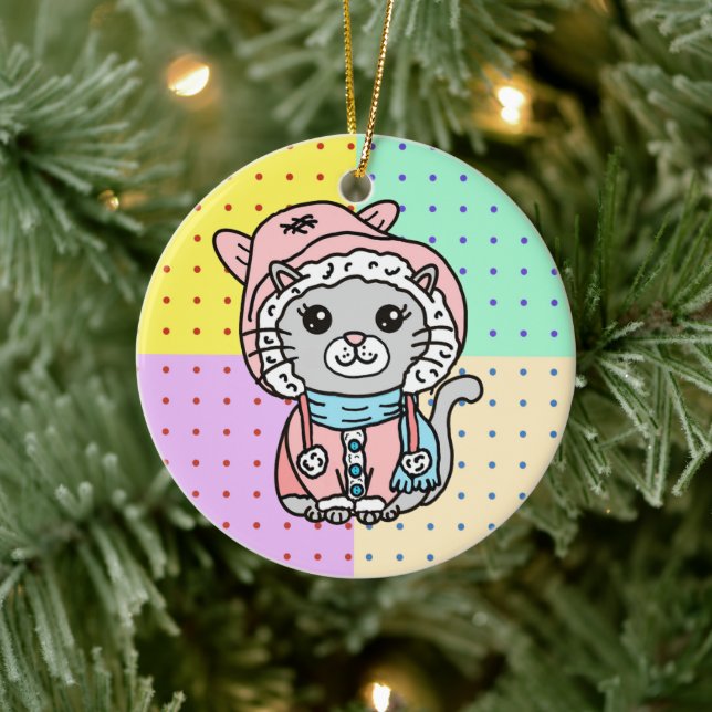 Personalized Cartoon Kitty Cat in Winter Hat   Ceramic Ornament (Tree)