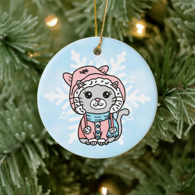 Personalized Cartoon Kitty Cat in Winter Hat   Ceramic Ornament (Tree)