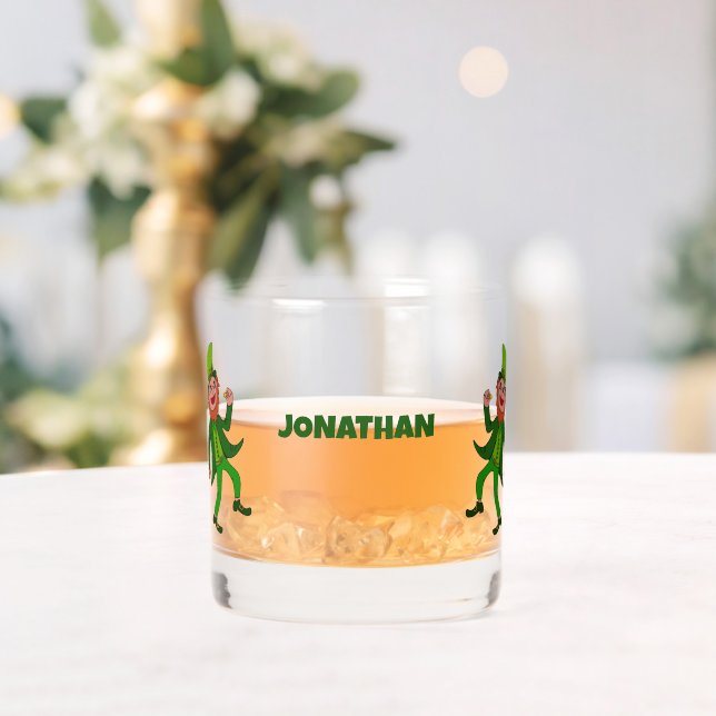 Personalized Cartoon Leprechaun St. Patrick's Day Whiskey Glass (Insitu (Wedding))
