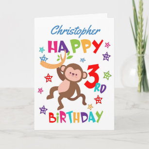 Raster Variant. KwikMedia Poster of Greeting Card with Cute Monkey Character Cartoon Monkey Holiday or Birthday Design for Kids Cartoon ape Wild Cheerful Animal