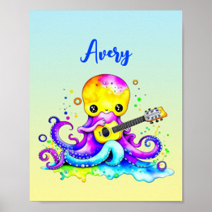 Personalized Cartoon Octopus Playing the Guitar P Poster