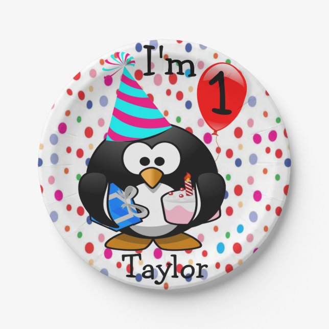 Personalized Cartoon Penguin 1st Birthday Party Paper Plates (Front)