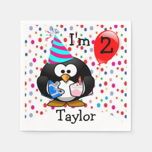 Personalized Cartoon Penguin 2nd Birthday Party Paper Napkins