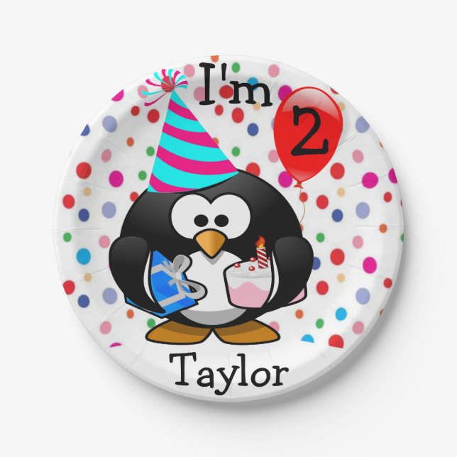 Personalized Cartoon Penguin 2nd Birthday Party Paper Plates (Front)