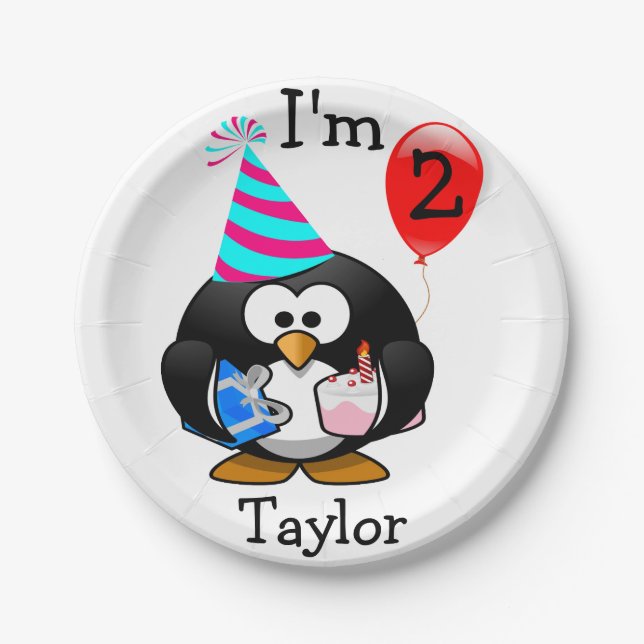 Personalized Cartoon Penguin 2nd Birthday Party Paper Plates (Front)
