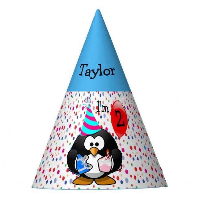Personalized Cartoon Penguin 2nd Birthday Party Party Hat (Front)