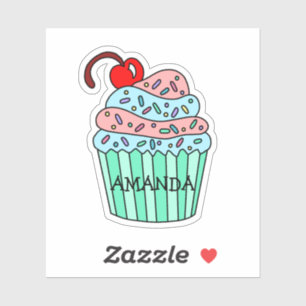 Personalized Cartoon Pink and Blue Cupcake Sticker