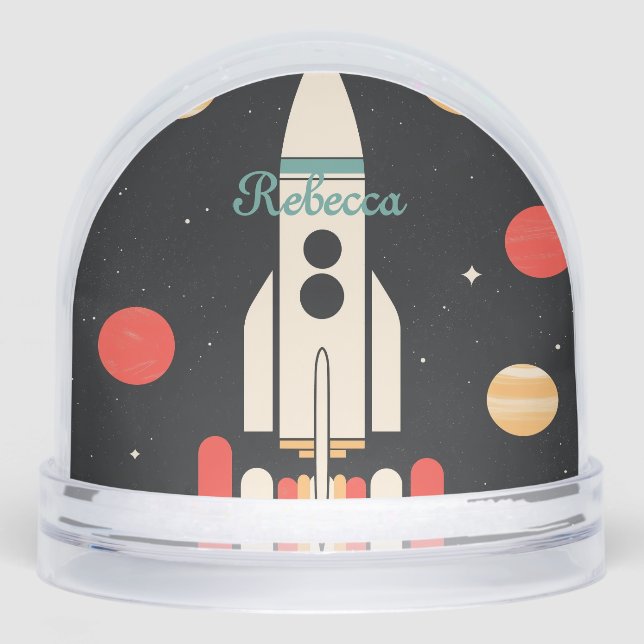 Personalized Cartoon Space Rocket Snow Globe (Front)