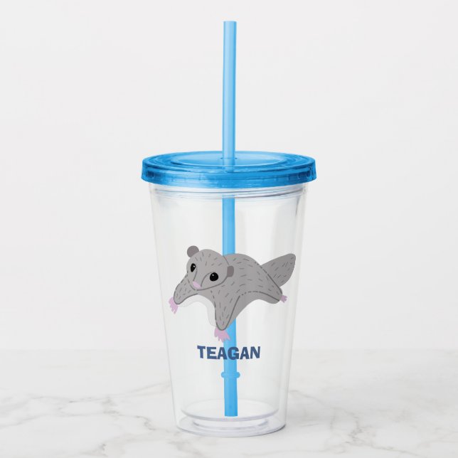 Personalized Cartoon Sugar Glider Gray and Blue Acrylic Tumbler (Front)