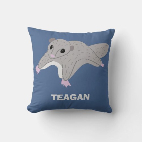Personalized Cartoon Sugar Glider Gray and Blue Throw Pillow