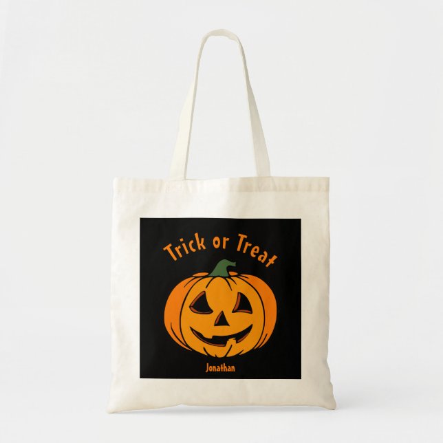 Personalized Carved Spooky Pumpkin Trick or Treat Tote Bag (Front)