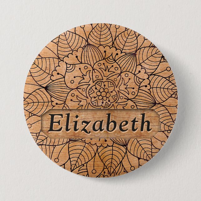 Personalized Carved Wood Floral Mandala Button (Front)