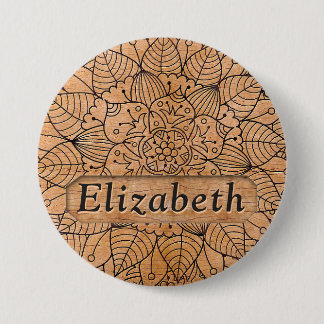 Personalized Carved Wood Floral Mandala Button