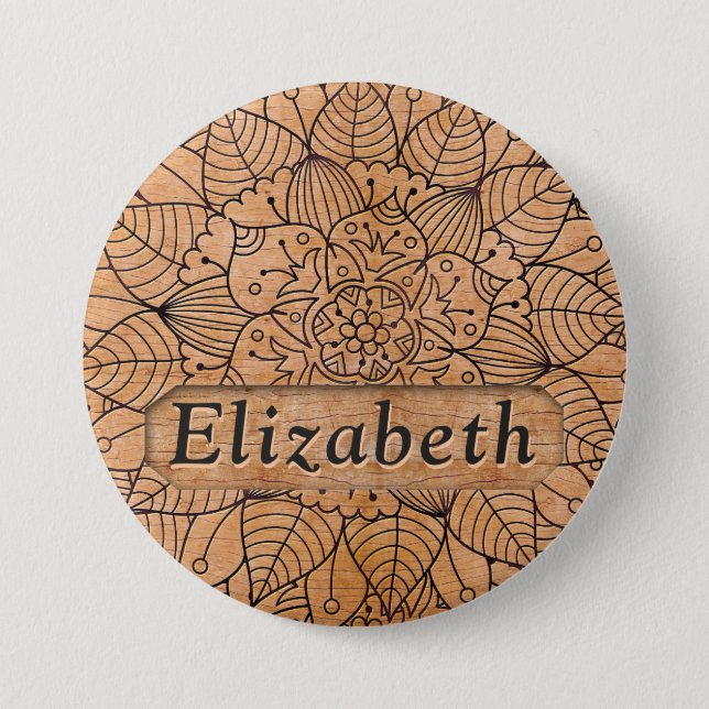 Personalized Carved Wood Floral Mandala Button (Front)