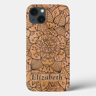 Personalized Carved Wood Floral Mandala iPhone 13 Case