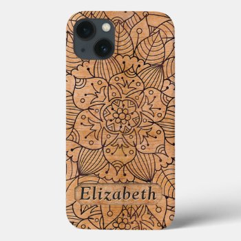Personalized Carved Wood Floral Mandala Iphone 13 Case by ironydesigns at Zazzle