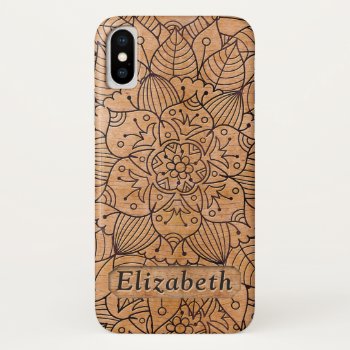 Personalized Carved Wood Floral Mandala Iphone X Case by ironydesigns at Zazzle