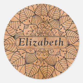 Personalized Carved Wood Floral Mandala Classic Round Sticker