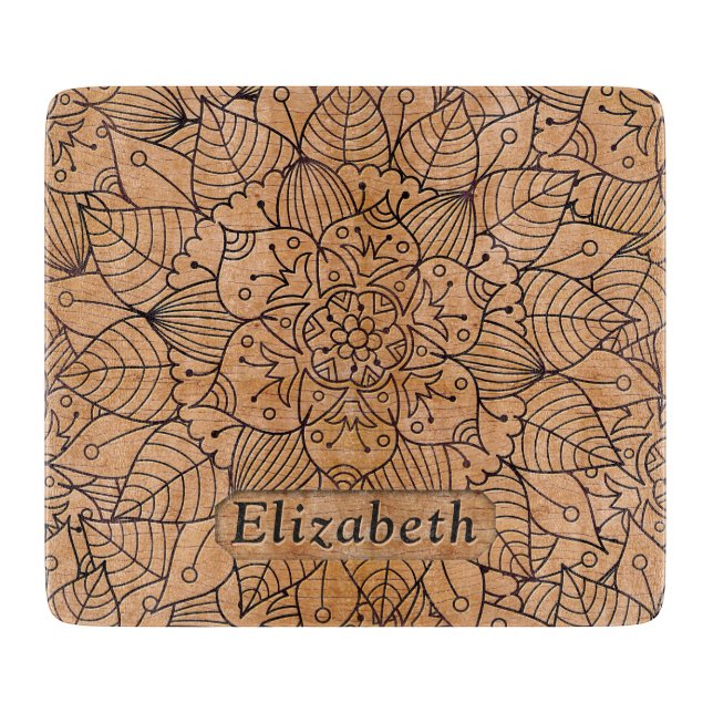 Personalized Carved Wood Floral Mandala Cutting Board (Front)