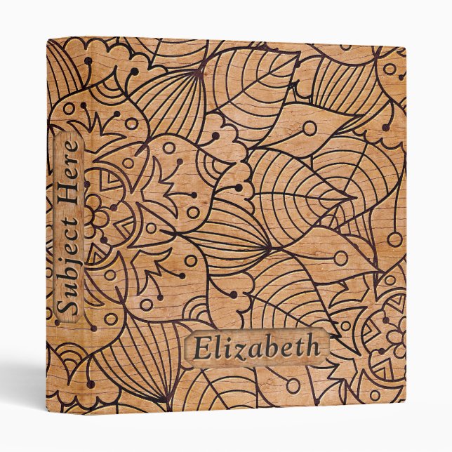 Personalized Carved Wood Floral Mandala Design 3 Ring Binder (Front/Spine)
