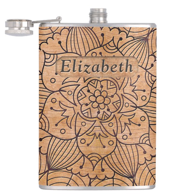 Personalized Carved Wood Floral Mandala Flask (Opened)