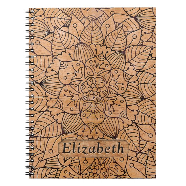 Personalized Carved Wood Floral Mandala Notebook (Front)