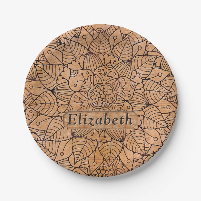 Personalized Carved Wood Floral Mandala Paper Plates (Front)