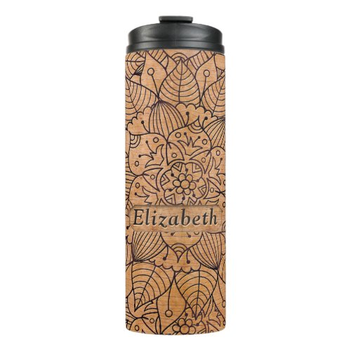 Personalized Carved Wood Floral Mandala Thermal Tumbler