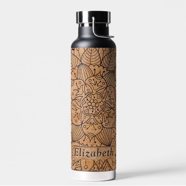 Personalized Carved Wood Floral Mandala Water Bottle (Left)