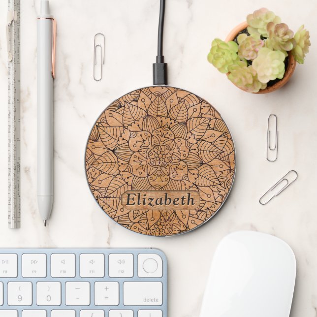 Personalized Carved Wood Floral Mandala Wireless Charger (Desk)