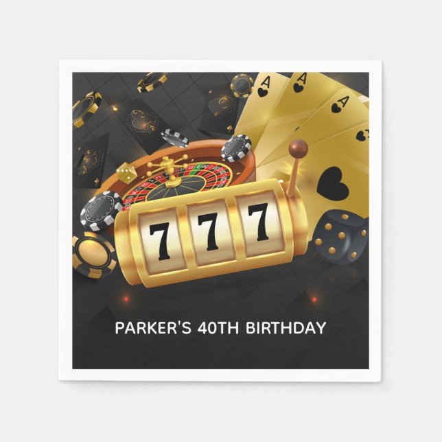 Personalized Casino Night Party Black Gold Napkins (Front)