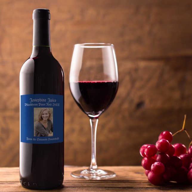 Personalized Casual Royal Blue Photo Wine Label (Creator Uploaded)