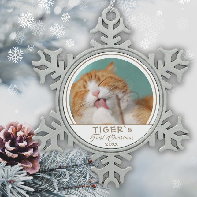 Personalized Cat 1st Christmas Pet Photo Snowflake Pewter Christmas Ornament (Creator Uploaded)