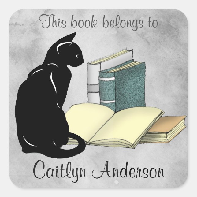 Personalized Cat and Books Bookplate Sticker (Front)