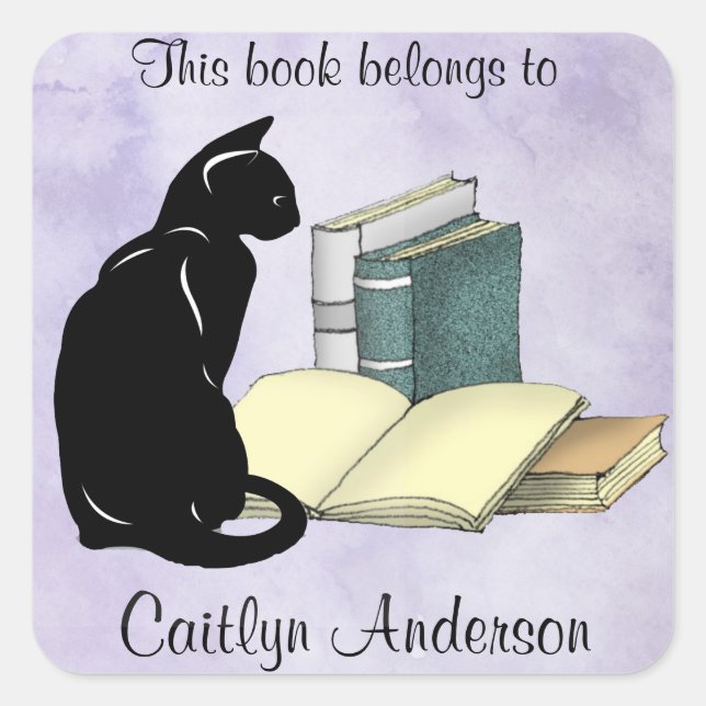 Personalized Cat and Books Bookplate Sticker (Front)