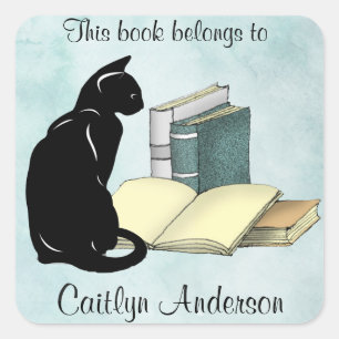 Personalized Cat and Books Bookplate Sticker