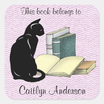 Personalized Cat And Books Bookplate Sticker by SjasisDesignSpace at Zazzle