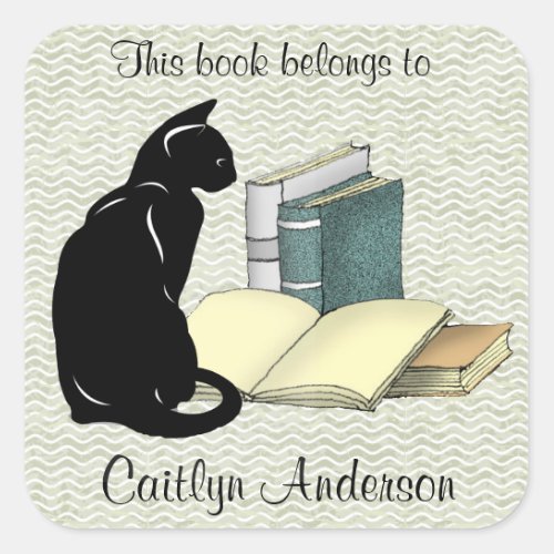 Personalized Cat and Books Bookplate Sticker