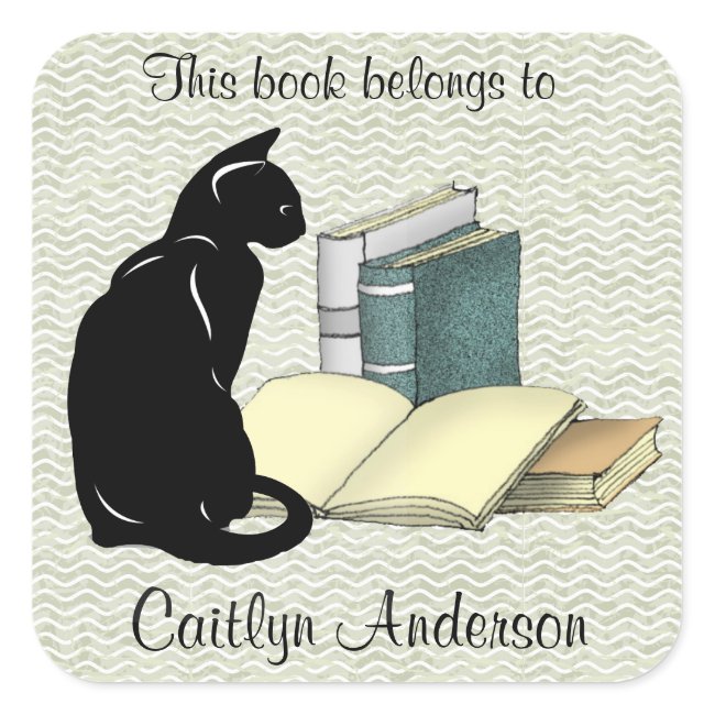 Personalized Cat and Books Bookplate Sticker