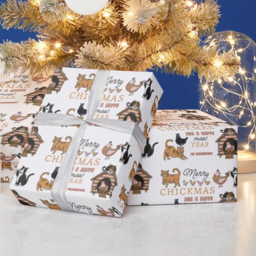 Personalized Cat and Chicken Funny Christmas Wrapping Paper