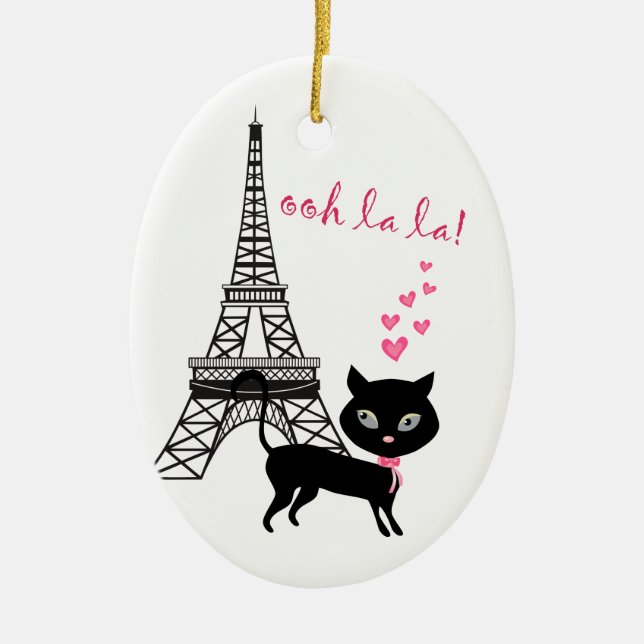 Personalized Cat and Eiffel Tower Paris Oh La La Ceramic Ornament (Front)