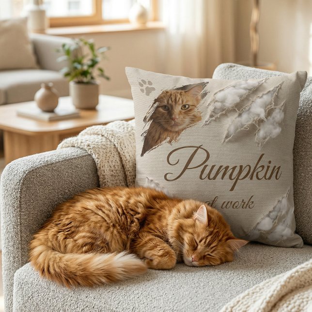 Personalized Cat At Work Scratch Photo Throw Pillow (Creator Uploaded)