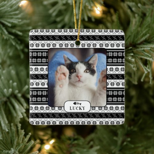 Personalized Cat Black Knit Pattern Pet Photo Ceramic Ornament