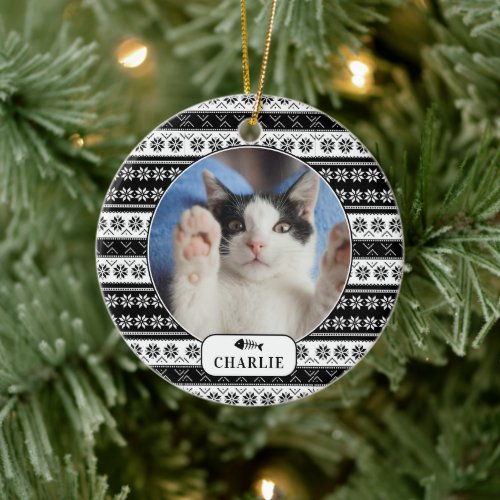 Personalized Cat Black Knit Pattern Pet Photo Ceramic Ornament
