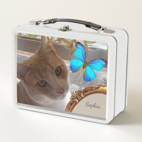 Personalized Cat  Blue Butterfly Metal Lunch box