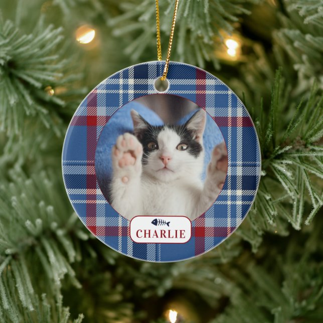 Personalized Cat Blue Plaid Pet Photo  Ceramic Ornament (Tree)