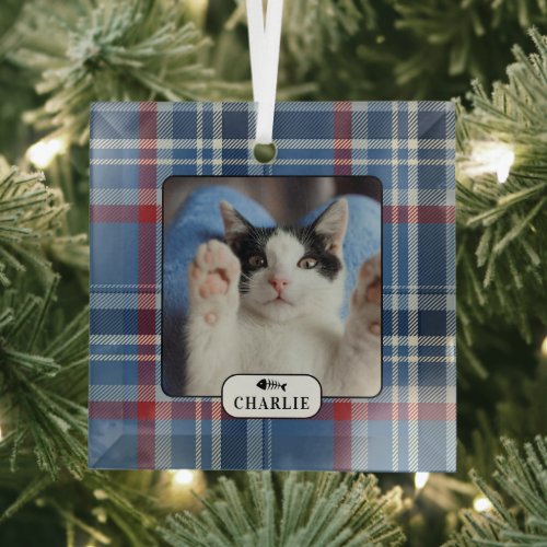 Personalized Cat Blue Plaid Pet Photo Glass Ornament