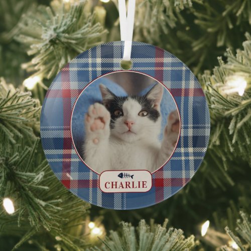 Personalized Cat Blue Plaid Pet Photo Glass Ornament